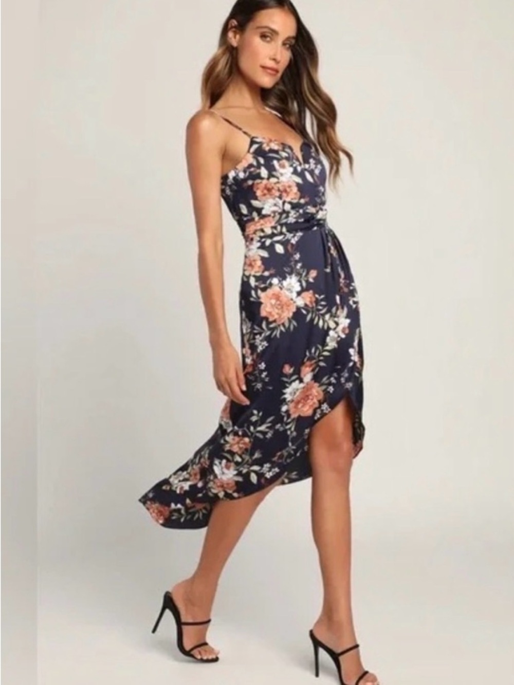 Lulu's Navy Floral Wrap Midi Dress with Peach Blooms